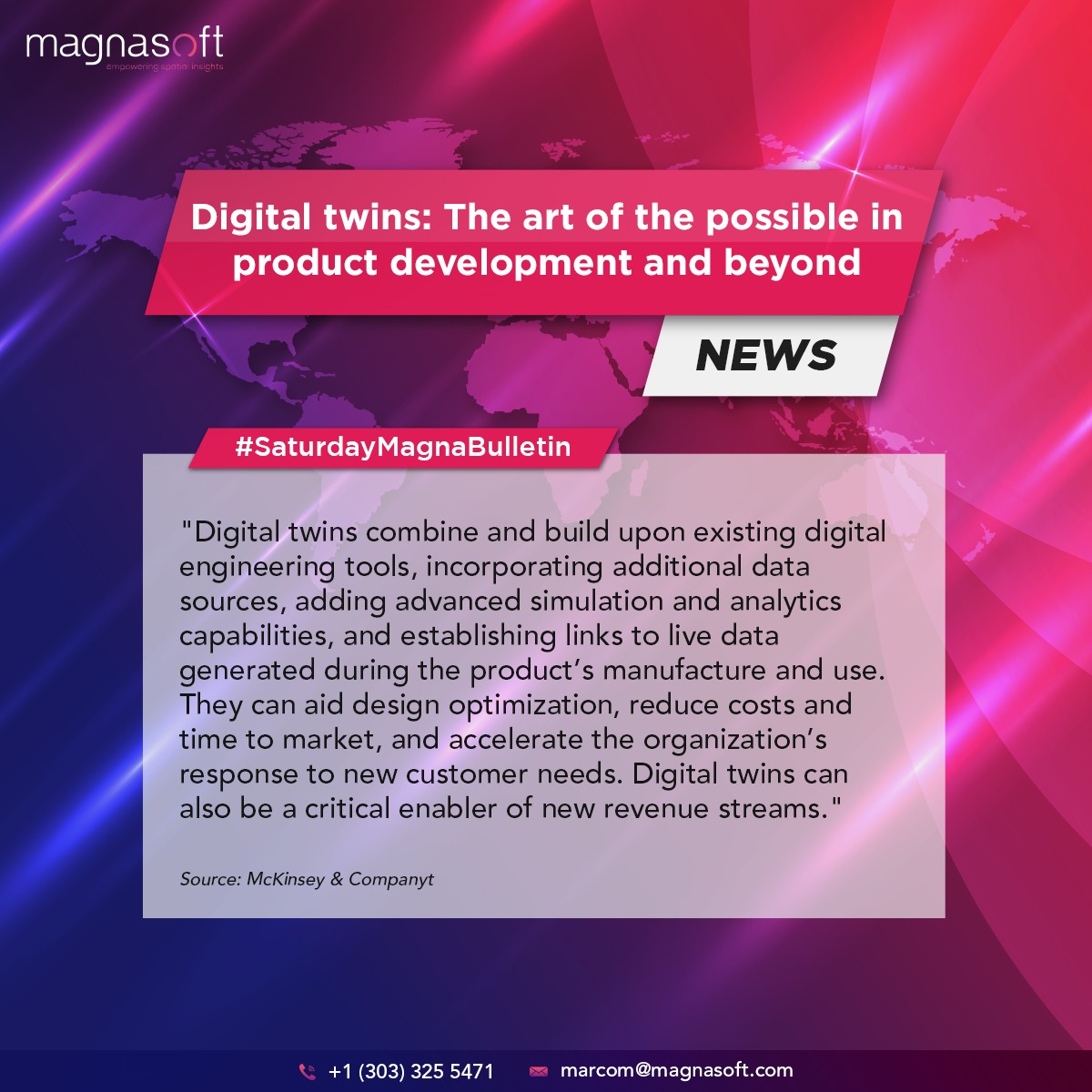 As per experts, digital-twin technologies can drive a revenue increase of up to 10%, accelerate time to market by as much as 50%, and improve product quality by up to 25%. . #SaturdayMagnaBulletin #diginews #digitalnews #technews #magnanews #geospatial #geotech #digitaltechnology