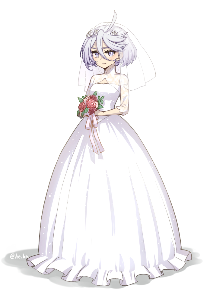 miorine rembran 1girl dress solo wedding dress flower bouquet white dress  illustration images