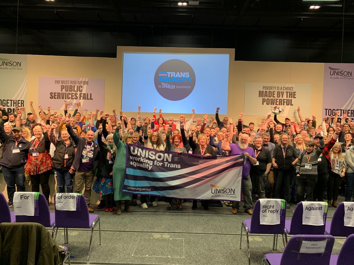 The <a href="/unisontheunion/">UNISON - UK's largest union</a> #ulgbt22 conference stands united for trans equality. Trans equality is UNISON business!