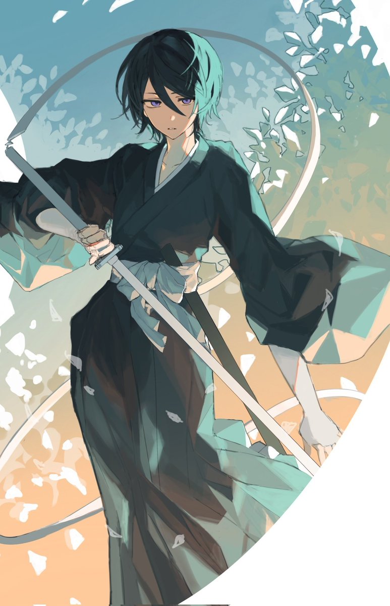 kuchiki rukia 1girl japanese clothes weapon solo black hair sword holding  illustration images