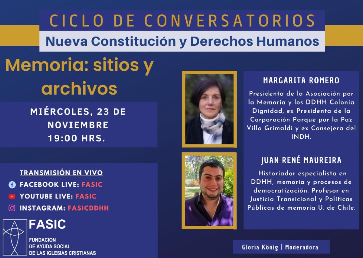 FASICDDHH's tweet image. 📢 #TransmisiónEnVivo
Este miércoles 23 de noviembre a las 19:00 hrs. se transmitirá un nuevo conversatorio con invitados especiales, quienes hablarán sobre &quot;Memoria: sitios y archivos&quot;.
👉 Suscríbete a nuestro canal: youtube.com/channel/UC-s-x… #CiclodeConversatorios #FASIC