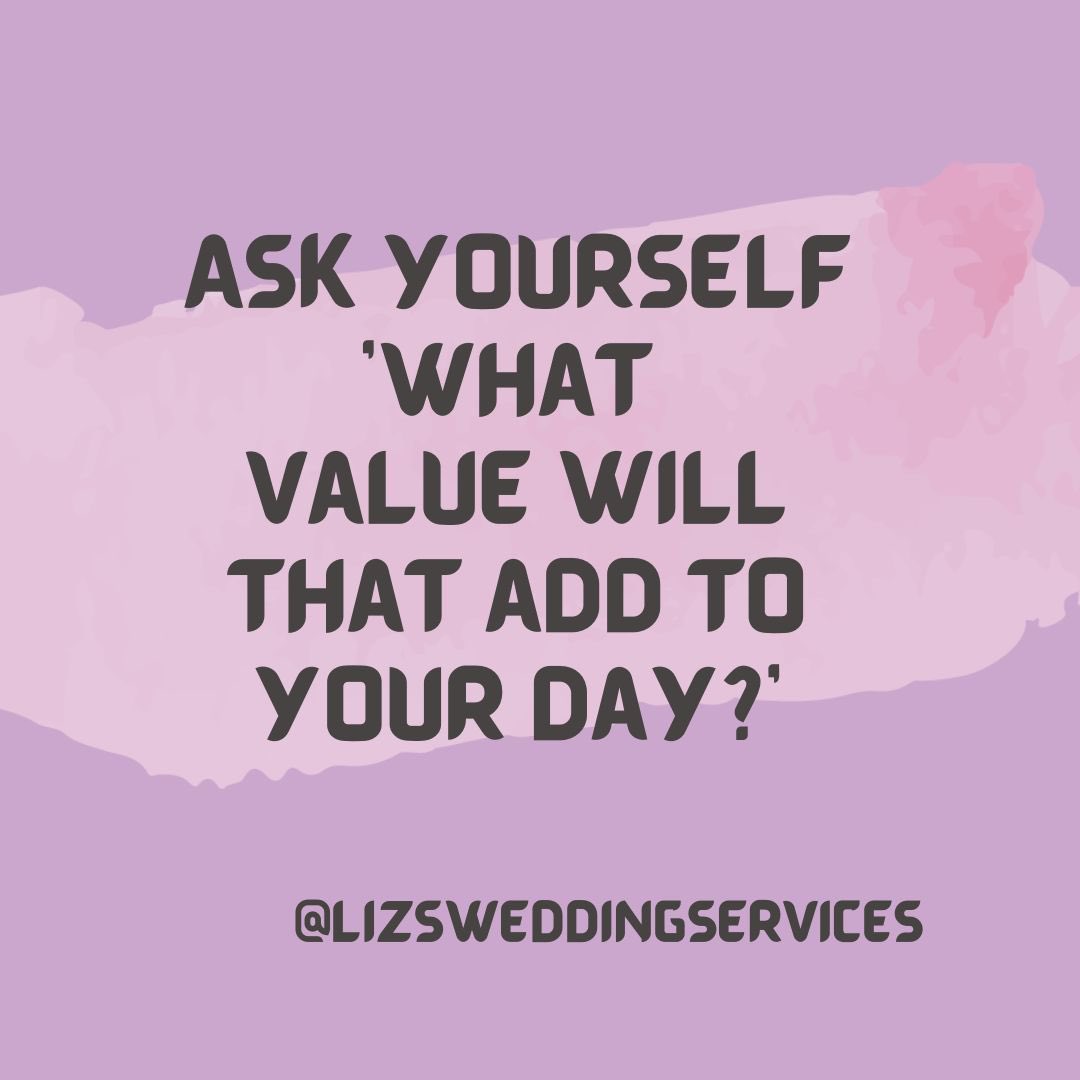 LizOfficiant's tweet photo. Before you decide to add something to your #weddingday ask yourselves what value it will add.

Will it make the day more fun or exciting?
Is it something that you really want?
Will it help you to better connect with your #weddingguests https://t.co/WRUvZIkPib