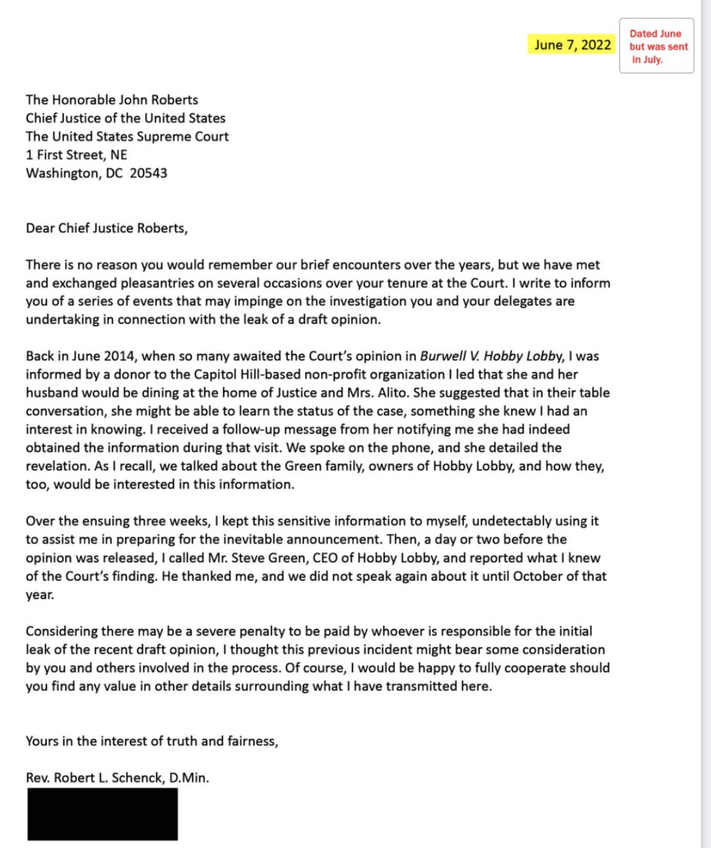 A letter to Chief Justice Roberts that the NYT has had for months accuses Justice Alito of leaking the outcome of the Hobby Lobby decision to anti-abortion donors who dined at his house. Contemporaneous emails corroborate the story; Alito denies it. nytimes.com/2022/11/19/us/…