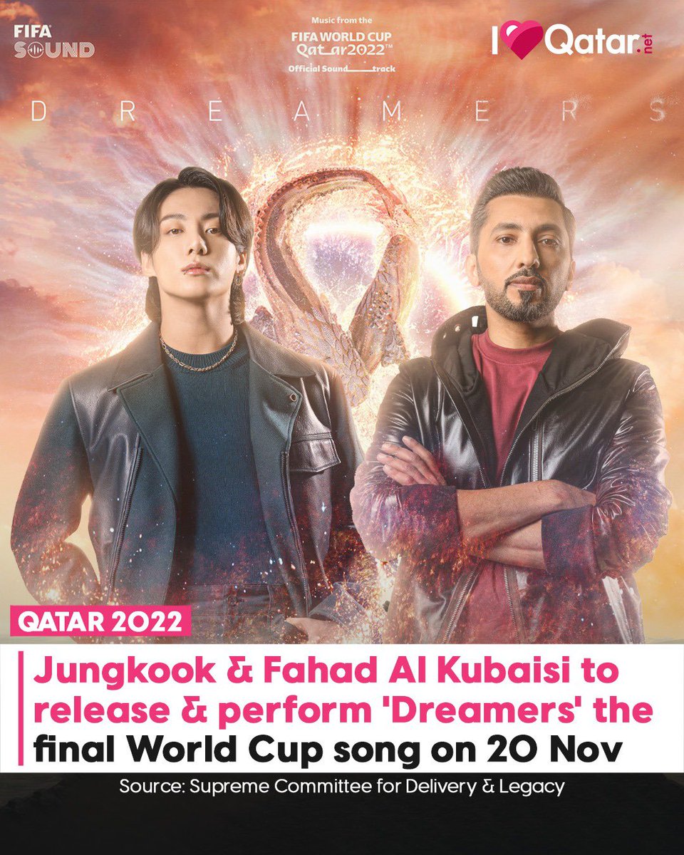 🤩✨The final song of #Qatar2022 titled, 'Dreamers' will feature Fahad Al Kubaisi & BTS' Jung Kook and will be performed live tomorrow, 20 November at the Opening ceremony of the world cup! #BTS #Jungkook #Qatar #QatarARMY #ARMY #BTSARMY #ILoveQatar @bts_bighit @FahadAlkubaisi