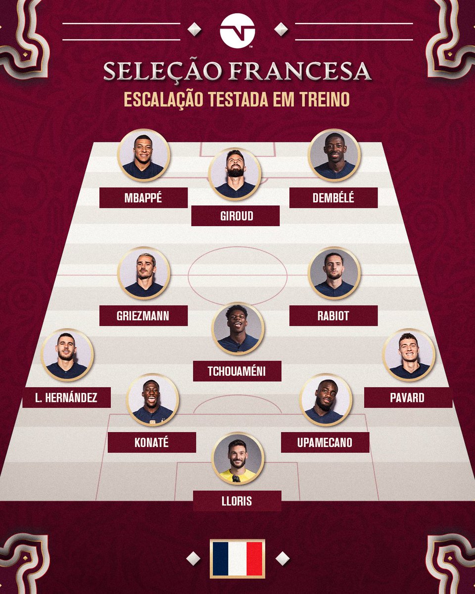 TNTSportsBR's tweet photo. E AÍ, METE MEDO ESSA FRANÇA? 🤔🇫🇷 Deschamps colocou o time assim no treino dessa sexta-feira, com Griezmann no meio-campo. 👀 #TNTSportsNoQatar

Crédito: RMC https://t.co/UQAmbE1aFn