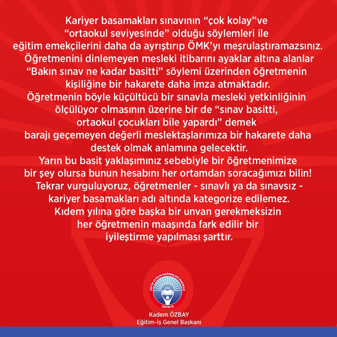kademozbay_'s tweet photo. Öğretmenler -sınavlı ya da sınavsız- kariyer adı altında kategorize edilemez.Kıdem yılına göre başka bir unvan gerekmeksizin her öğretmenin maaşında fark edilir bir iyileştirme yapılması şarttır! Aynı işi yapacak olan öğretmenlerin süfli bir sınava sokulmasına izin veremeyiz! https://t.co/bCej9c6SCm