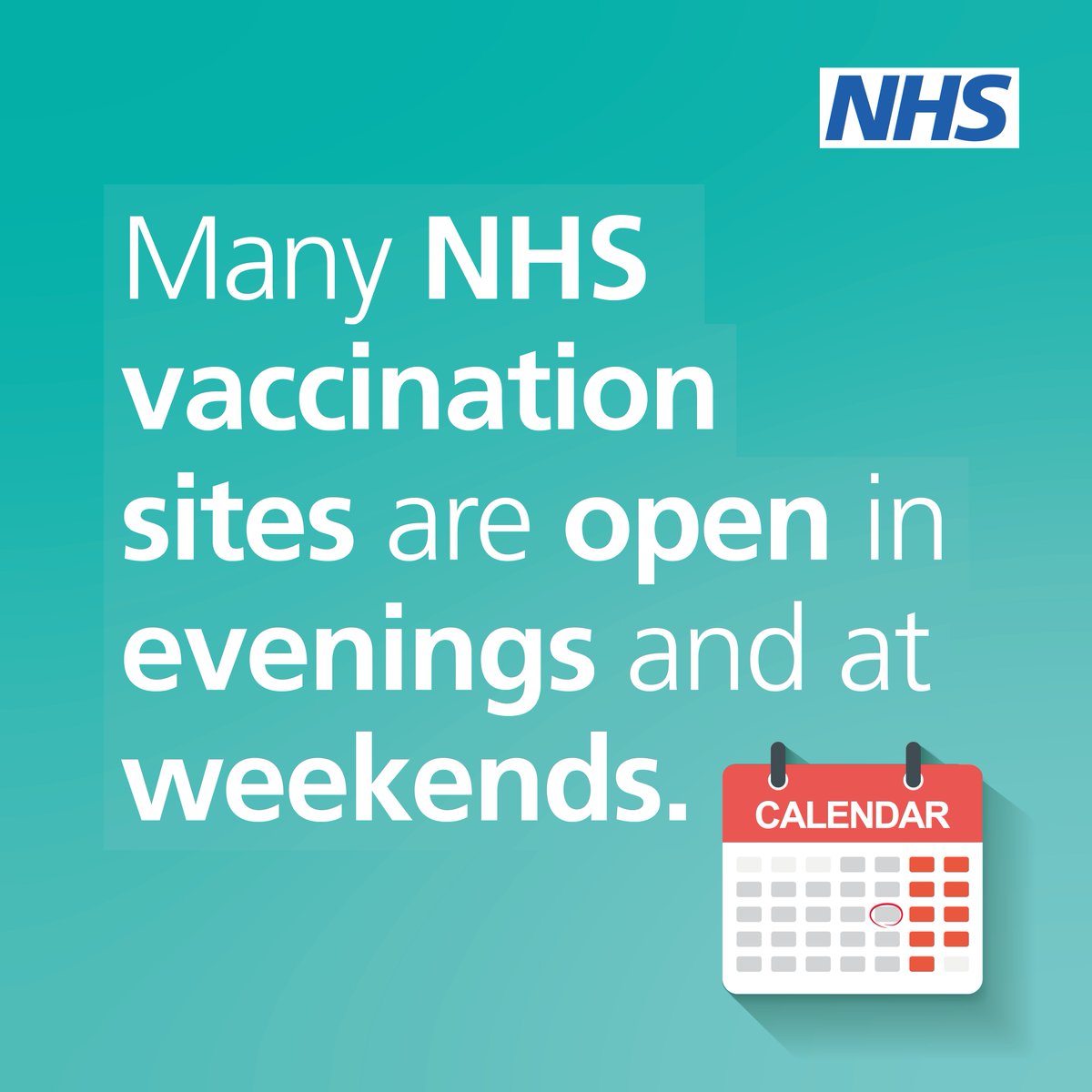 Many NHS vaccination sites are open in evenings and at weekends — perfect for when you need to fit getting your COVID-19 vaccine into your busy schedule. nhs.uk/covid-booster