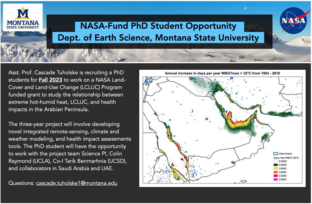 #PhD position to explore land-cover and land-use change, climate/weather, and extreme hot-humid heat impacts on human health and well-being in the Arabian Peninsula in the Earth Sciences Dept. at Montana State University-Bozeman. 

⏰Deadline is Jan 15 

🔗lnkd.in/gARTSUJS