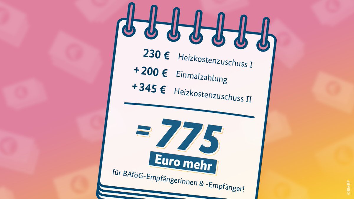 So stark entlasten wir #BAföG -Empfängerinnen und Empfänger 💪 Insgesamt 775 Euro gibt es, weil Bundesbildungsministerin <a href="/starkwatzinger/">Bettina Stark-Watzinger</a> sich im Kabinett dafür eingesetzt hat. Mehr Infos hier: ow.ly/lHEC50LHR4O #Entlastung #Energiekrise
