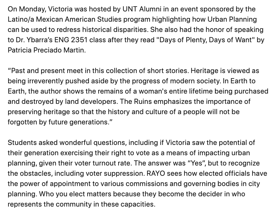 rayoplanning's tweet photo. On Monday, Victoria was hosted by UNT Alumni, speaking to Dr. Ybarra's ENG 2351 at the event sponsored by the Latino/a Mexican American Studies program. The @UntLmas program highlights how Urban Planning can be used to redress historical disparities. https://t.co/HC9kJPbMg9