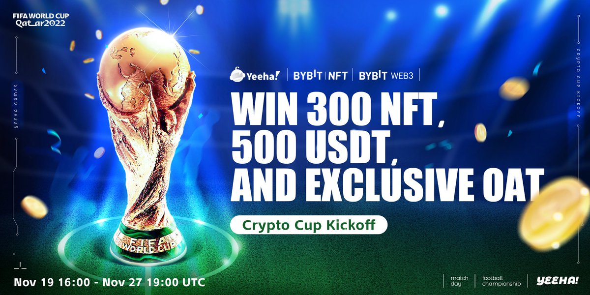 We joined forces with <a href="/Bybit_NFT/">Bybit NFT</a>, @Bybit_Web3, and <a href="/Clique2046/">Clique</a>  to host the #CryptoCupKickoff Week One predictions #giveaway!

📆 Nov 19, 4pm - Nov 27, 7pm UTC

#prizes include 300 NFTs, 500 USDT, and OATs

Quest link in the comments

Join now on discord!
media.yeehagames.com/discord