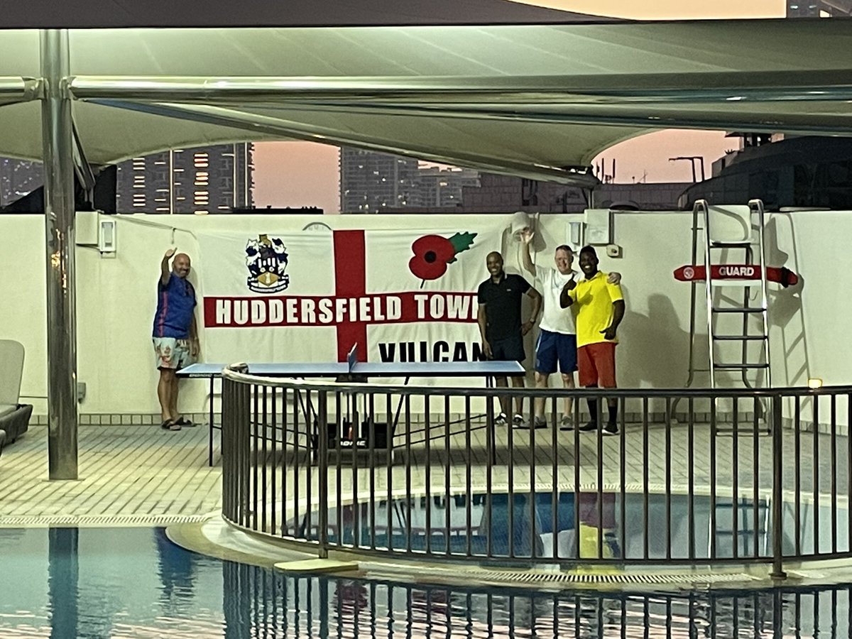 DenHall64's tweet photo. The flag is on tour in Dubai. Next stop Qatar UTT. #htafc #Qatar2022 #FIFAWorldCup https://t.co/nF5cv6FP9o