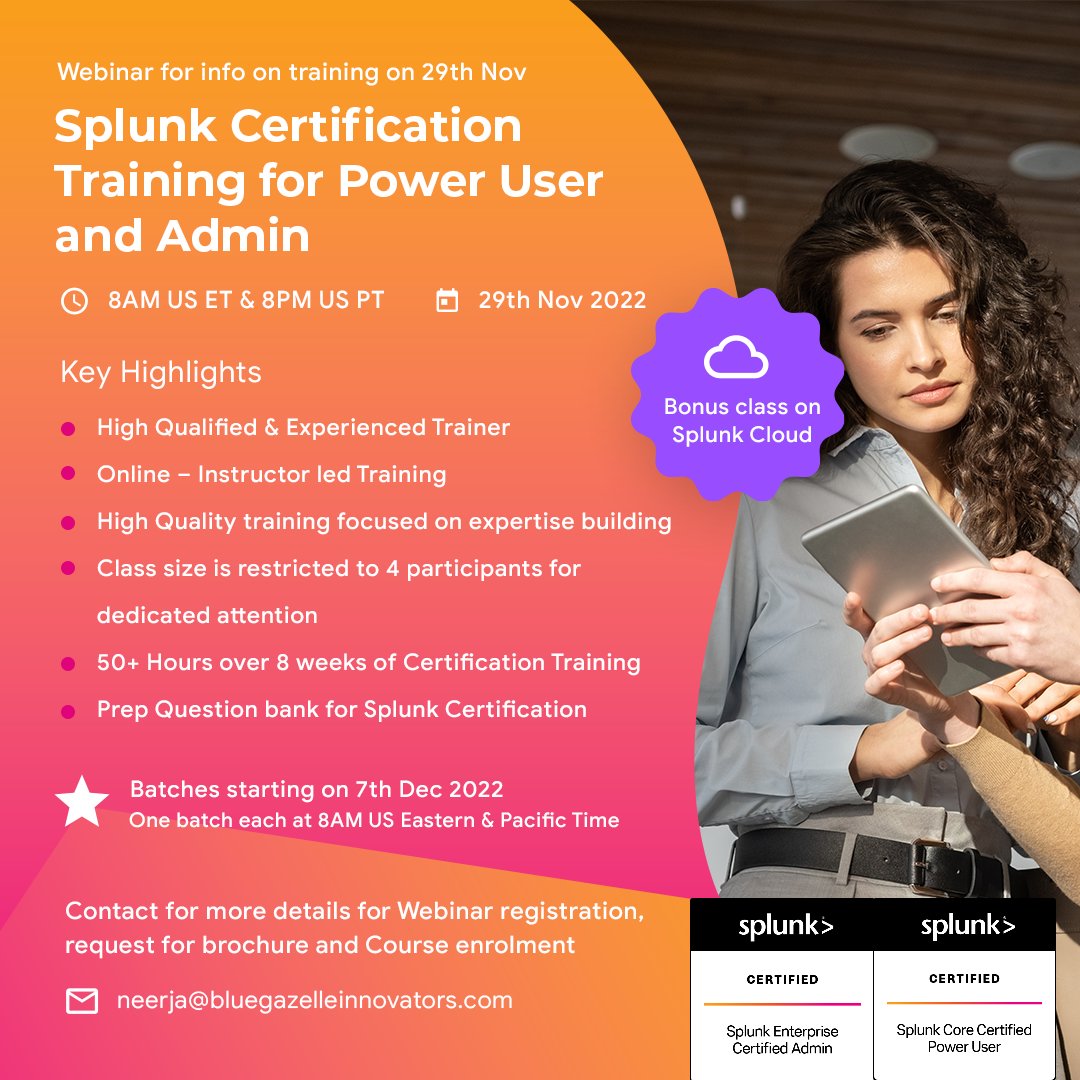 BlueGazelle_LLC's tweet image. Boost your career & expand horizon of your professional opportunities with Splunk Admin Certification
Webinar: 29th Nov 2022 at 8AM ET & 8AM PT
Email: neerja@bluegazelleinnovators.com
#splunk #splunkadmin #splunktraining #cybersecurity #splunkcertification #informationsecurity