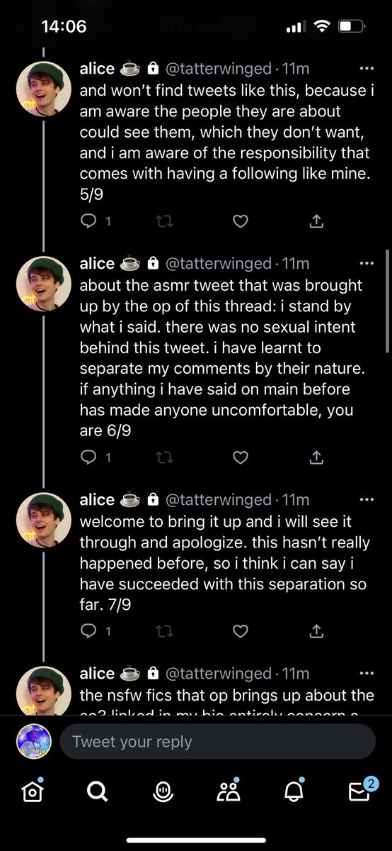 raidrrn's tweet image. alice @/tatterwinged's thread "addressing" everything for anyone who didnt get to see it before she went priv