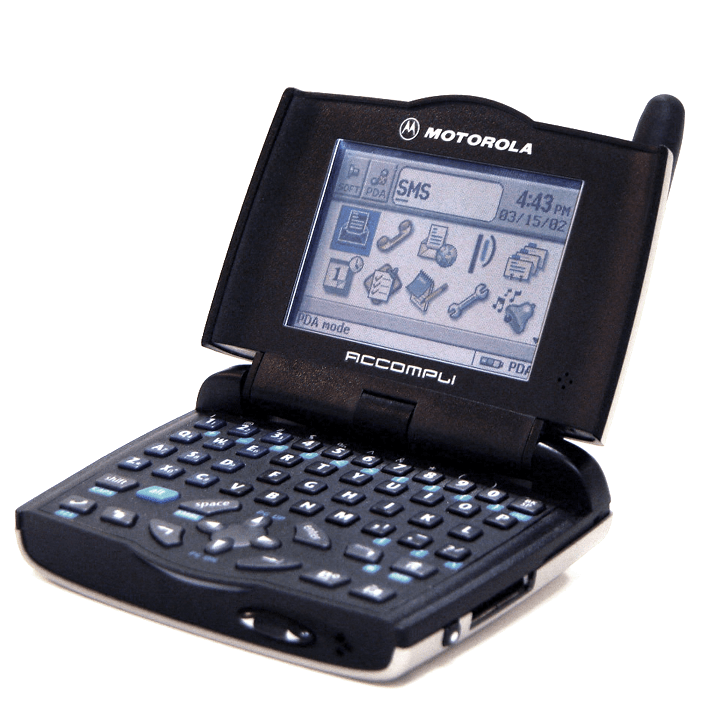 The Motorola Accompli 009 (2001, $550) could send pages, make phone calls, and browse the web. It had a full-color screen, QWERTY keyboard, and ran Java.