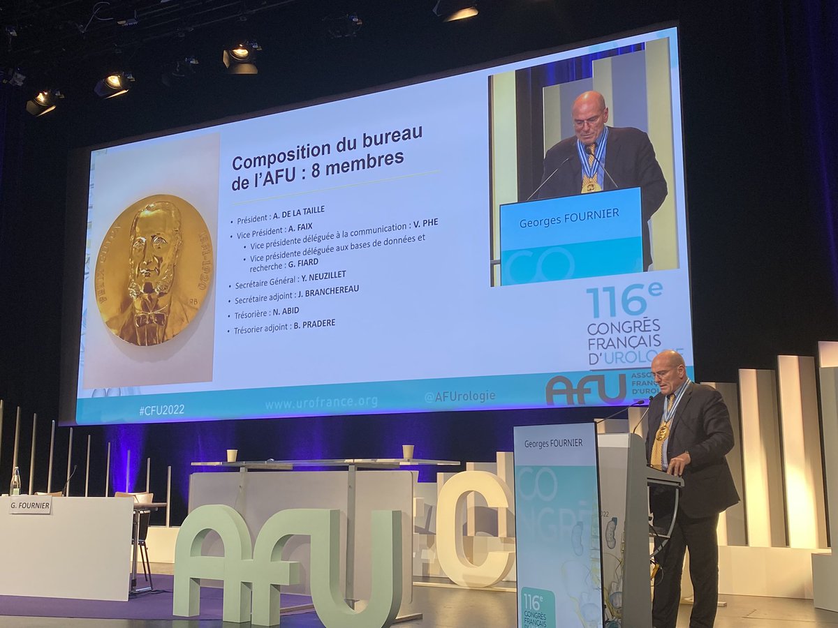 #CFU2022 Le nouveau bureau de l’<a href="/AFUrologie/">Association Française d'Urologie - AFU</a>
Pdt <a href="/delataillealex/">Pr. Alexandre de La Taille</a>
VP <a href="/FaixUrologue/">Faix Antoine</a> 
Sec. gen. <a href="/Yann_Neuzillet/">Yann NEUZILLET</a>
Sec. gen. adjoint <a href="/BranchereauJu/">Julien Branchereau,MD,PhD</a> 
Trés. <a href="/abidnadia_uro/">Nadia Abid</a>
Trés. adj. <a href="/BenjaminPradere/">Benjamin Pradere</a> 
VP communication <a href="/PheVeronique/">Véronique Phé</a>
VP déléguée à la recherche @GaelleFiard 
Félicitations 👏