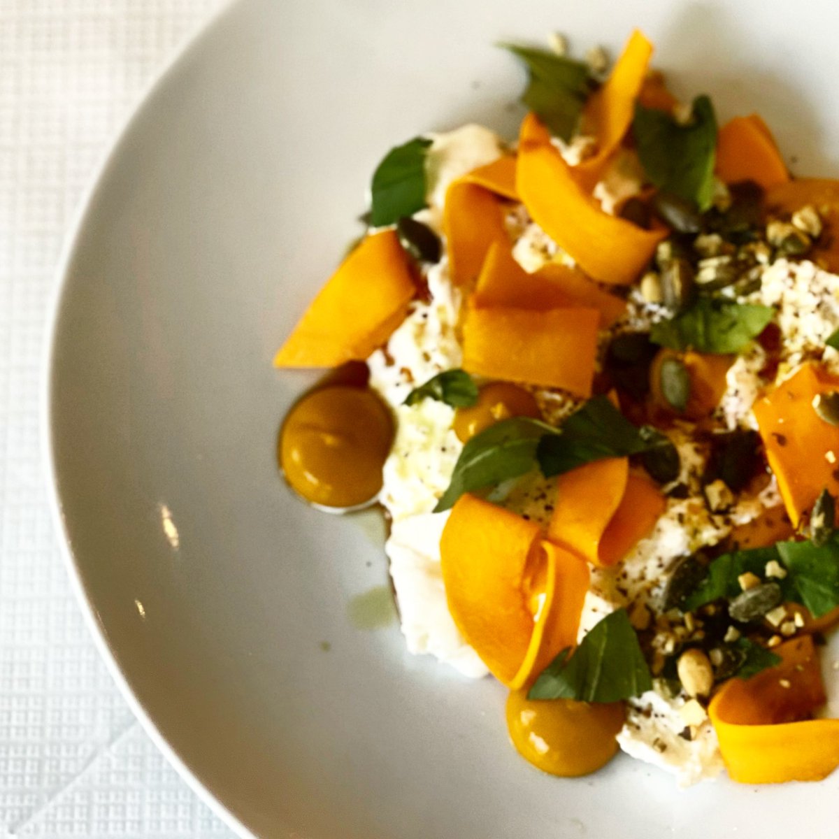 Burrata with Autumnal Delica Squash &amp; Basil. 

With or Without Crispy Pancetta..