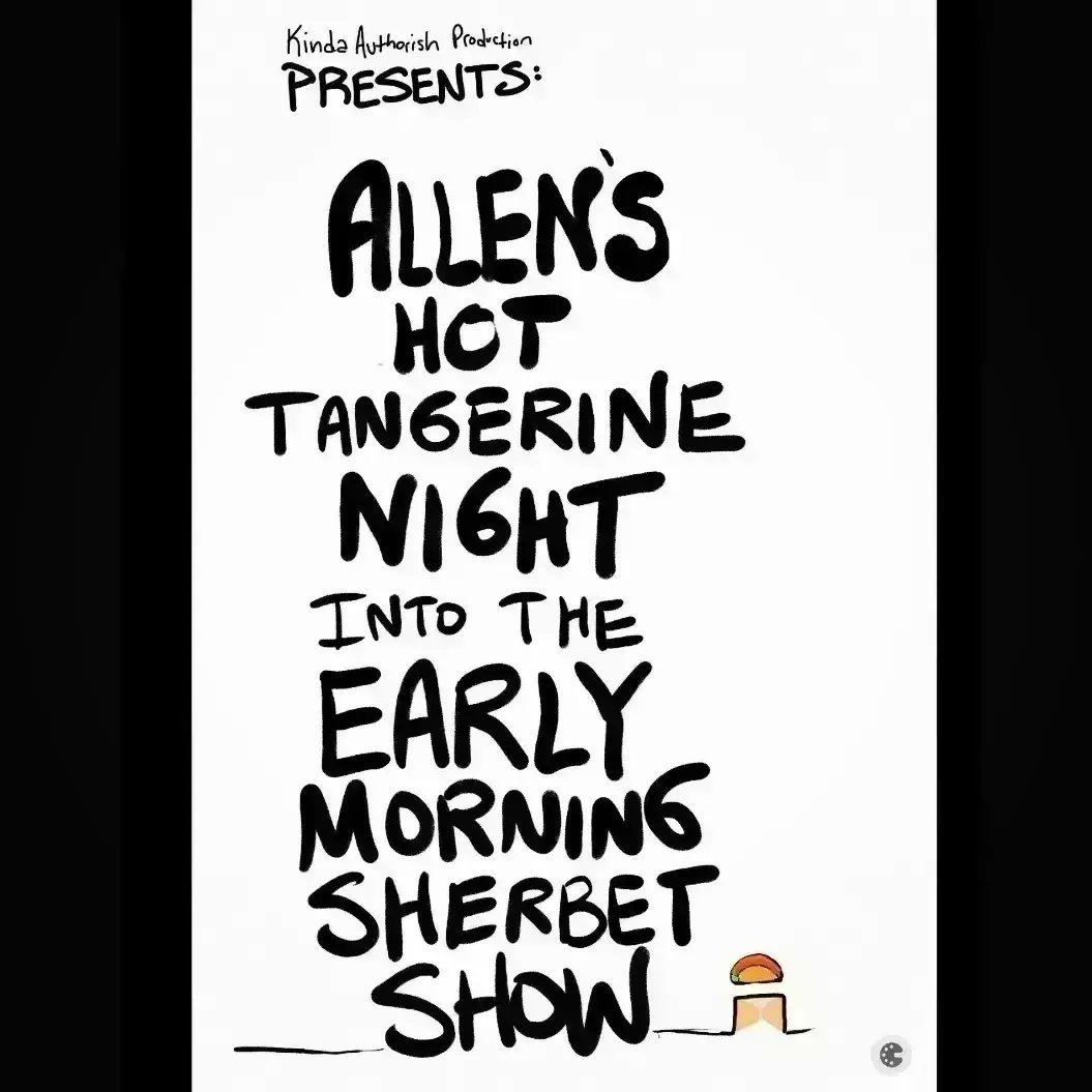 FourthRobot's tweet photo. Allen’s HOT Tangerine Night into the Early Morning Sherbet Show!

Ep.32 "Hyper Tango Mango Slices"

#Poetizer_official 
#Authorish 
#AbstractProse 
#TangerineNightSherbetMorning 
#writingcommunity 

Credits
https://t.co/wEmeFP0z94 https://t.co/ADayFGYf2P