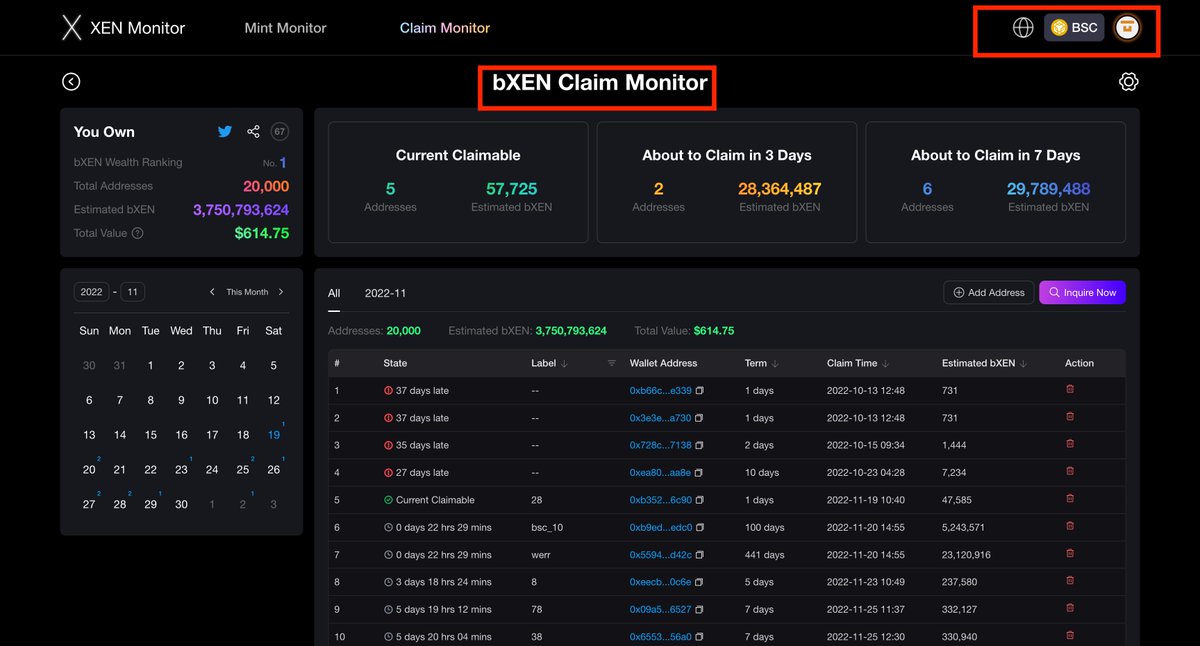 1/10
The new version of #XEN Monitor is released:
1. Claim Monitor/Mint Monitor support #BSC network
2. Support password login
3. Support password retrieval
4. Support login without password (quick verification code)
5. Support email registration
6. Export all addresses to Excel