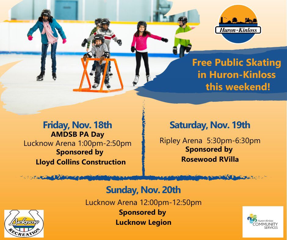 <a href="/Huron_Kinloss/">Huron-Kinloss Twp</a> Proud to sponsor Skating at the Ripley Arena 5:30 p.m. to 6:30 p.m. @RVillaRetiremen <a href="/universalcares/">UniversalCare Canada</a>