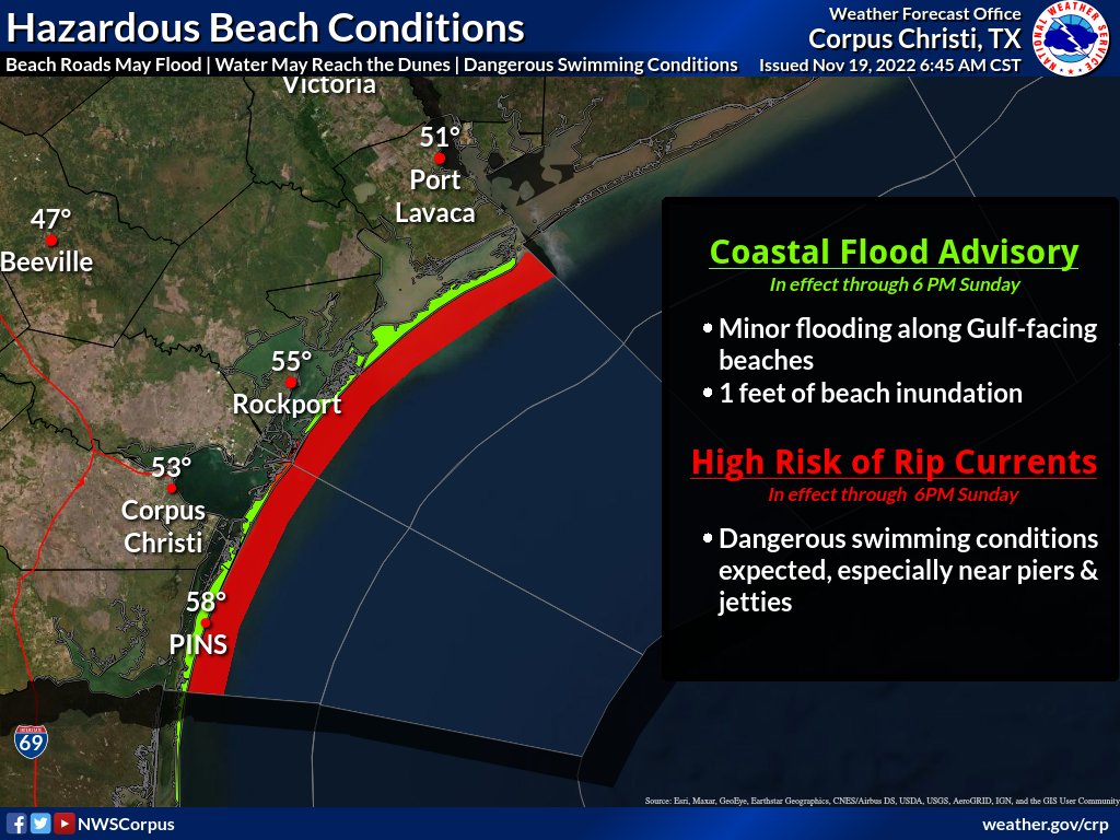 NWSCorpus's tweet photo. With strong winds, elevated seas and long period swells, Coastal Flooding and dangerous rip currents are expected across the beaches of the Middle Texas Coast. Up to 1 foot of beach inundation is possible, especially at times of high tide. #stxwx #txwx https://t.co/9nKsU7rVCQ