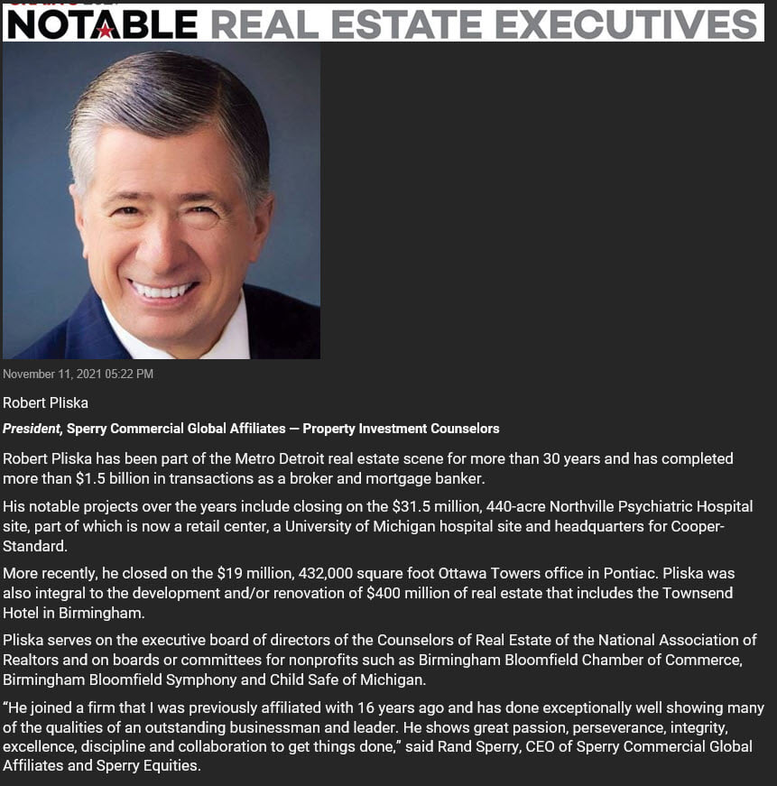 rpliska's tweet photo. Thanks again Crain's Detroit Business! Your recognition is well appreciated! #CRE #commercialrealestate #sperrycga #teamsperry #sperryglobal #investmentrealestate #leasing #realestateinvestments #realestate #counselorsofrealestate #ccim #sior #irep #retail #office #industrial https://t.co/f2QK3Hcas7