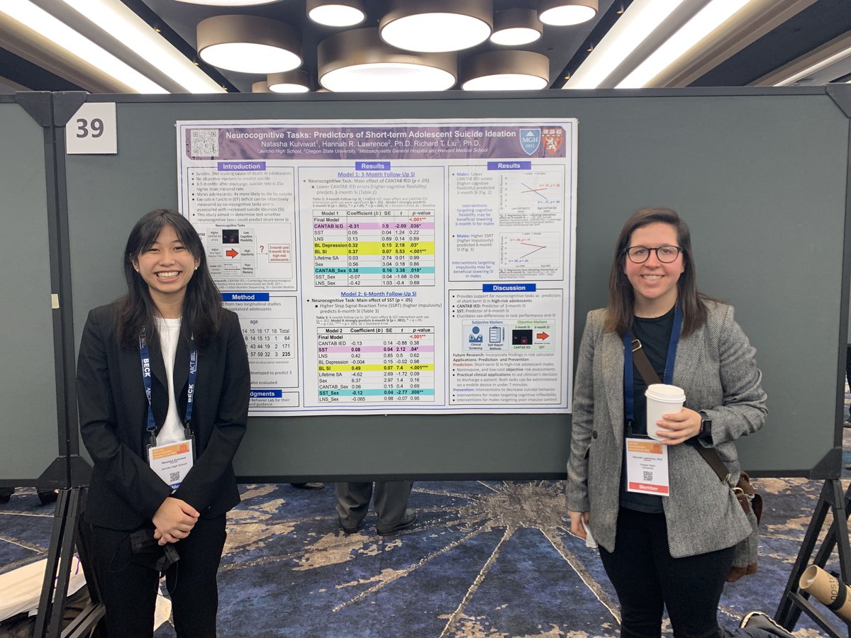 HannahRLawrence's tweet photo. So proud of (high school!) mentee Natasha Kulviwat for presenting her work yesterday at #ABCT22 ! She assessed neurocognitive predictors of adolescent risk for suicidal ideation, AND independently incorporated findings into a risk calculator to aid clinicians in decision making! https://t.co/y69YdJfm8E