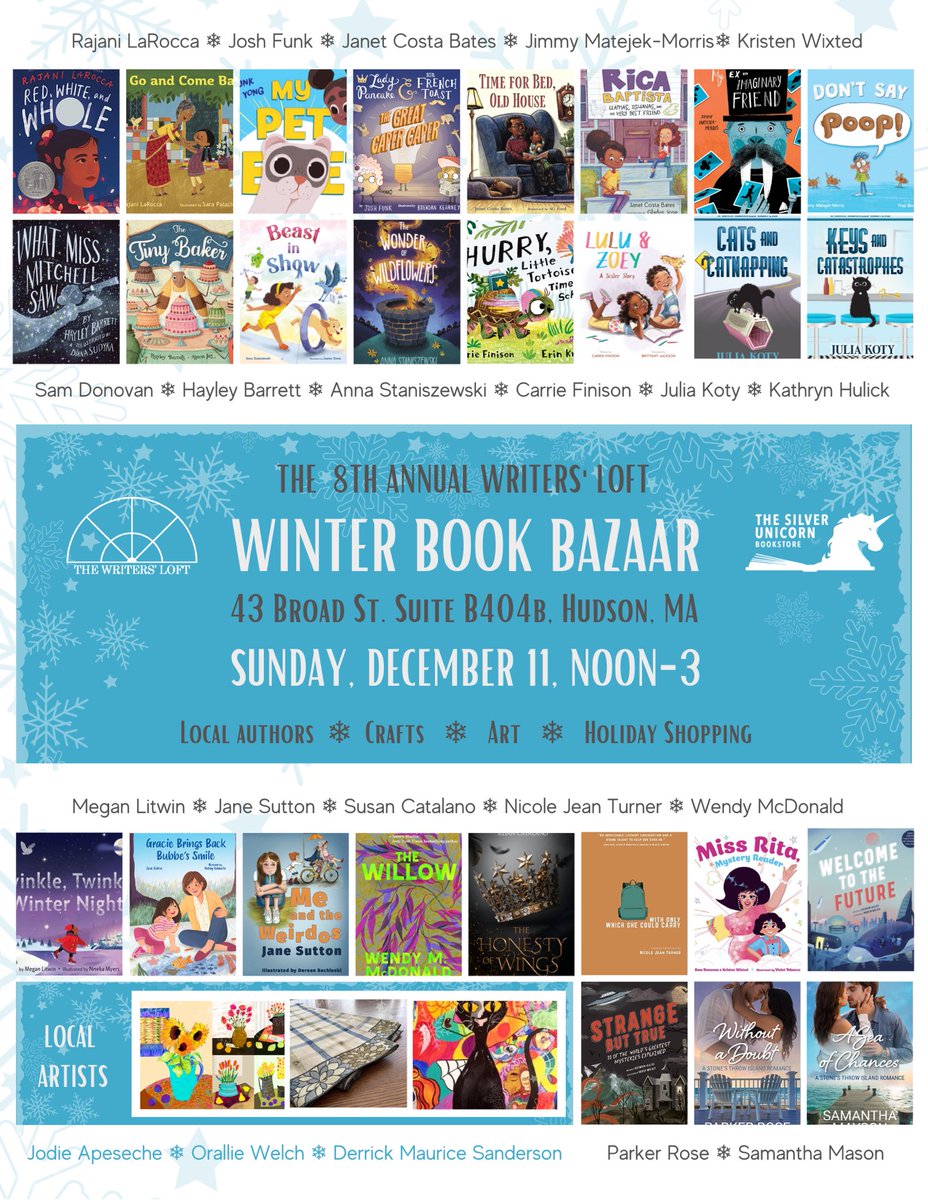 Ah books…the gift you can open again! Join us @writersloftma & get signed books by your fav & soon-to-be fav local authors! @rajanilarocca @joshfunkbooks @jcostabates @CarrieFinison @annastanisz @Meg_Litwin @hayleybwrites @scatu2 @sandyjoys @jmatejekmorris ++ @SilUnicornActon