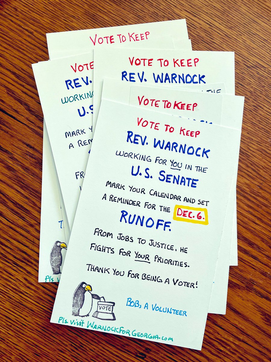 Off to Georgia go ten more #PostcardsToVoters urging them to vote for Rev. #Warnock in the December 6 runoff election.
#WarnockWorksForGA 
#GoWarnock 
#VoteBlueToSaveDemocracy