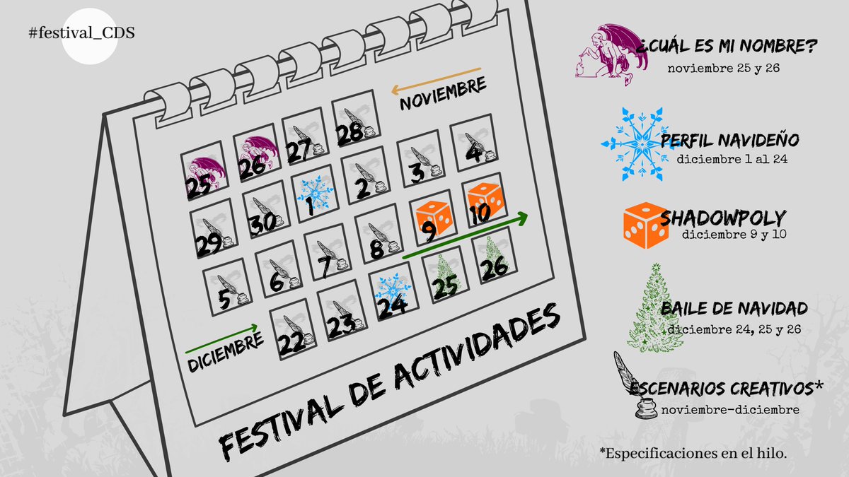 ¡Calendario de próximas actividades en #festival_CDS! 

Queden atentos a las especificaciones que compartiremos después.
