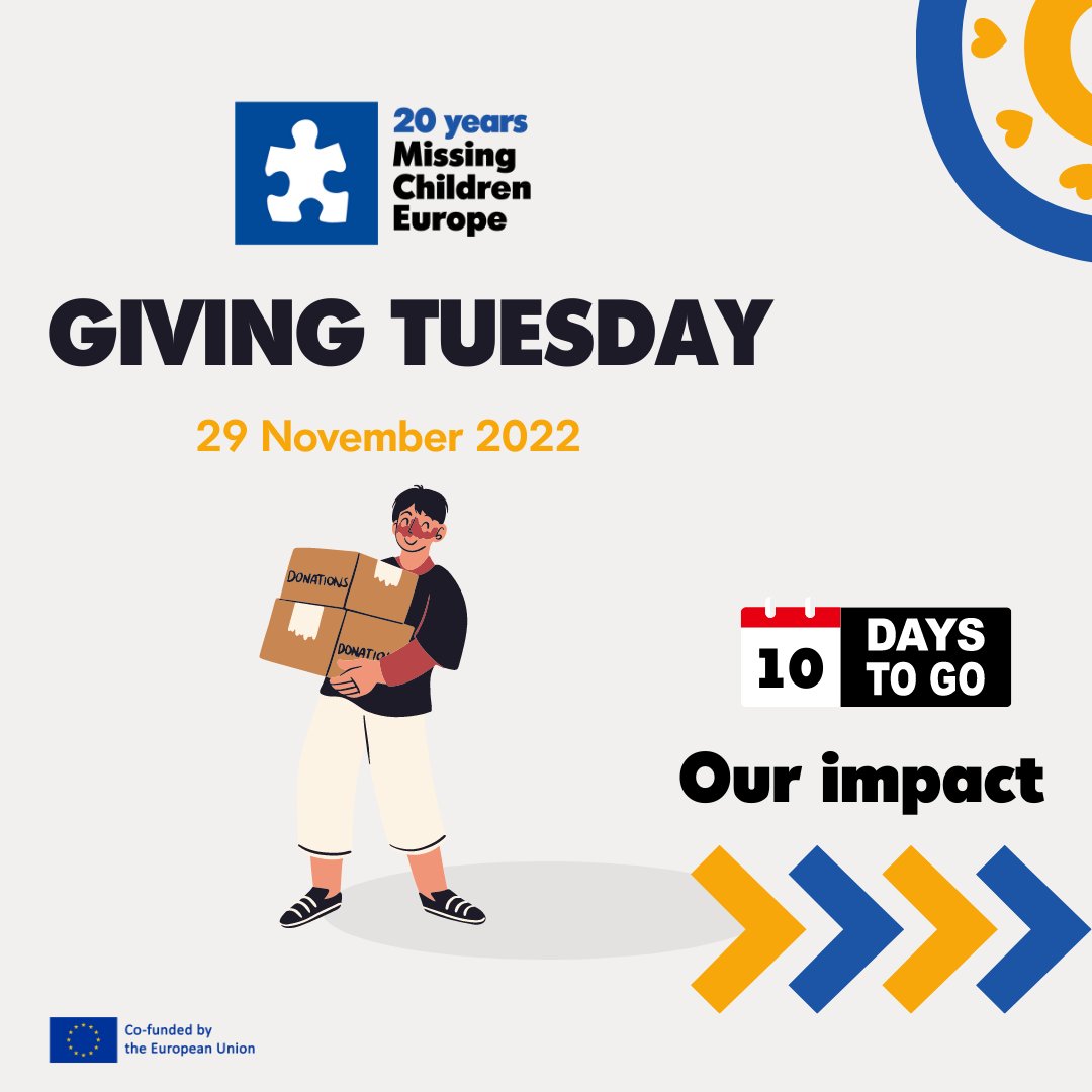 Counting down to #GivingTuesday!
We are just 🔟 days away from Giving Tuesday, November 29. As we get closer, we will share more info on our impact in different areas to let you know how your donations make a difference!
👉 missingchildreneurope.eu/donate/
1/2
