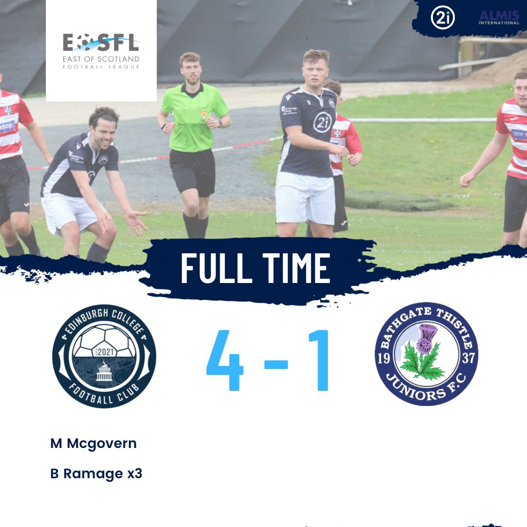 Fantastic performance from the boys today in a well deserved victory at home 👏

Hatrick hero Blair Ramage and Mark Mcgovern with the goals ⚽️ 

#Monthecollege 

<a href="/edinburghcoll/">Edinburgh College</a> <a href="/EastScotlandFA/">East of Scotland Football League</a> 

Good luck to <a href="/bathgatethistle/">Bathgate Thistle FC</a> for the rest of the season.