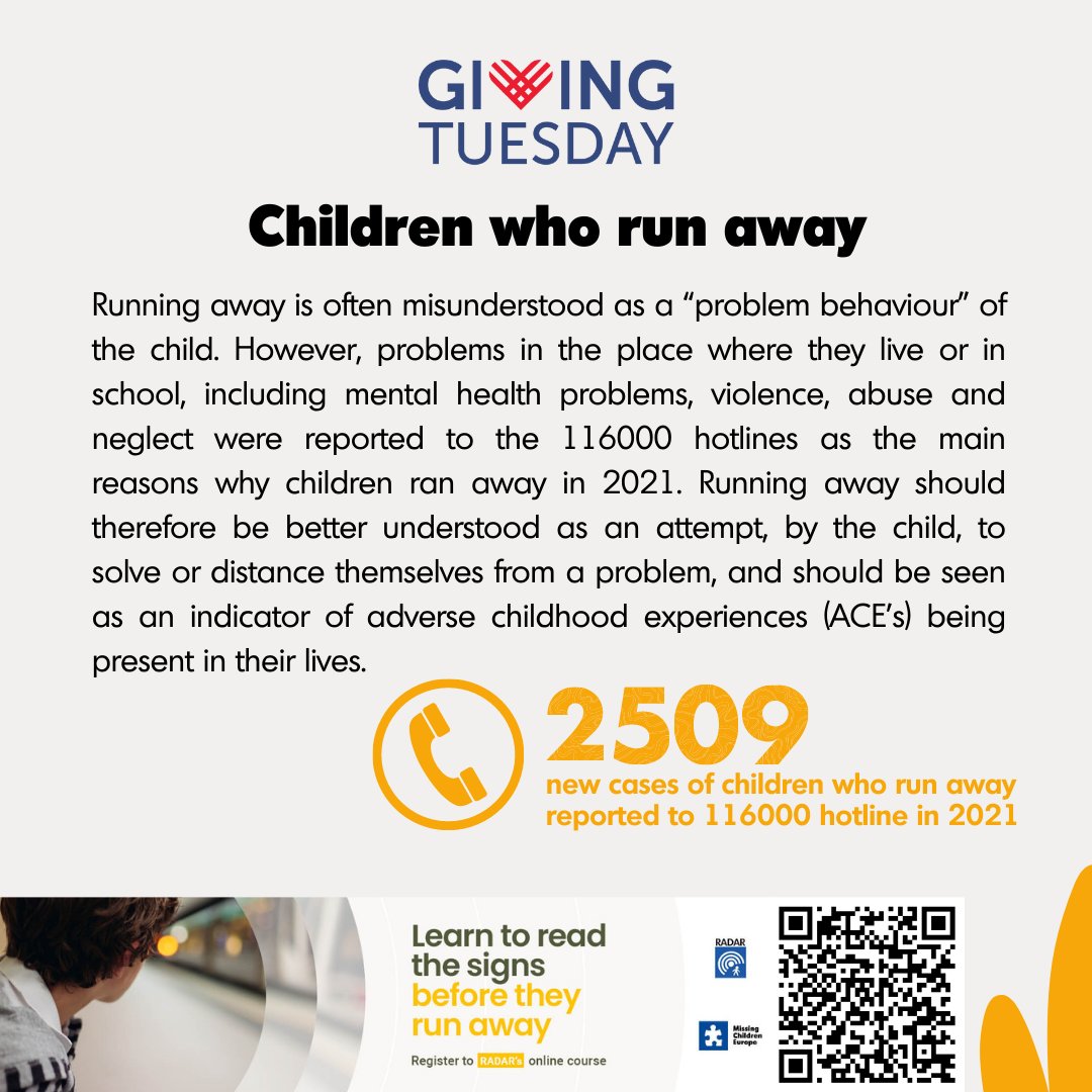 Did you know that the majority of #missingchildren cases in the #EU involve children who run away*?
Explore the relationship between adverse childhood experiences and running away by joining our #RADAR online course!
Donate to help: missingchildreneurope.eu/donate/ #GivingTuesday 
2/2
