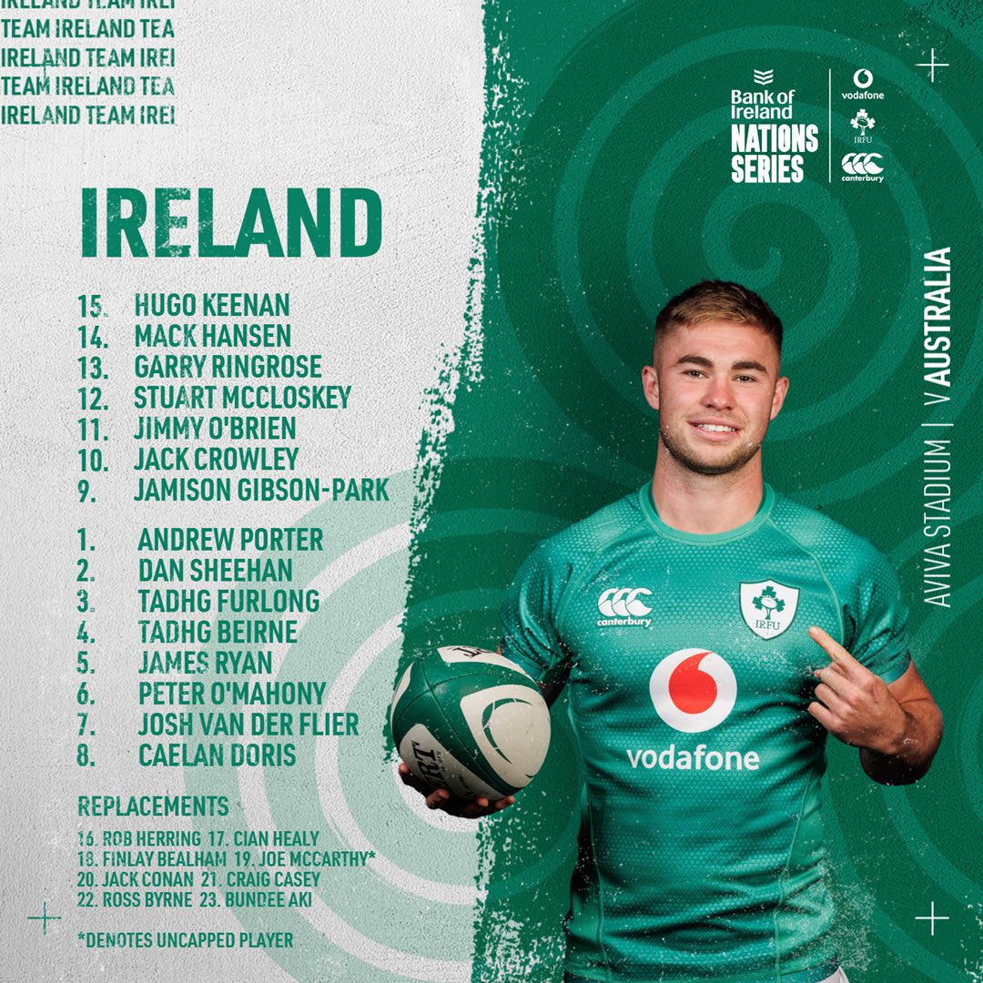 📋 Team Update: Johnny Sexton has been ruled out of this evening’s game through injury. 

Jack Crowley starts at out-half, with Ross Byrne promoted to the bench. 

#TeamOfUs | #IREvAUS