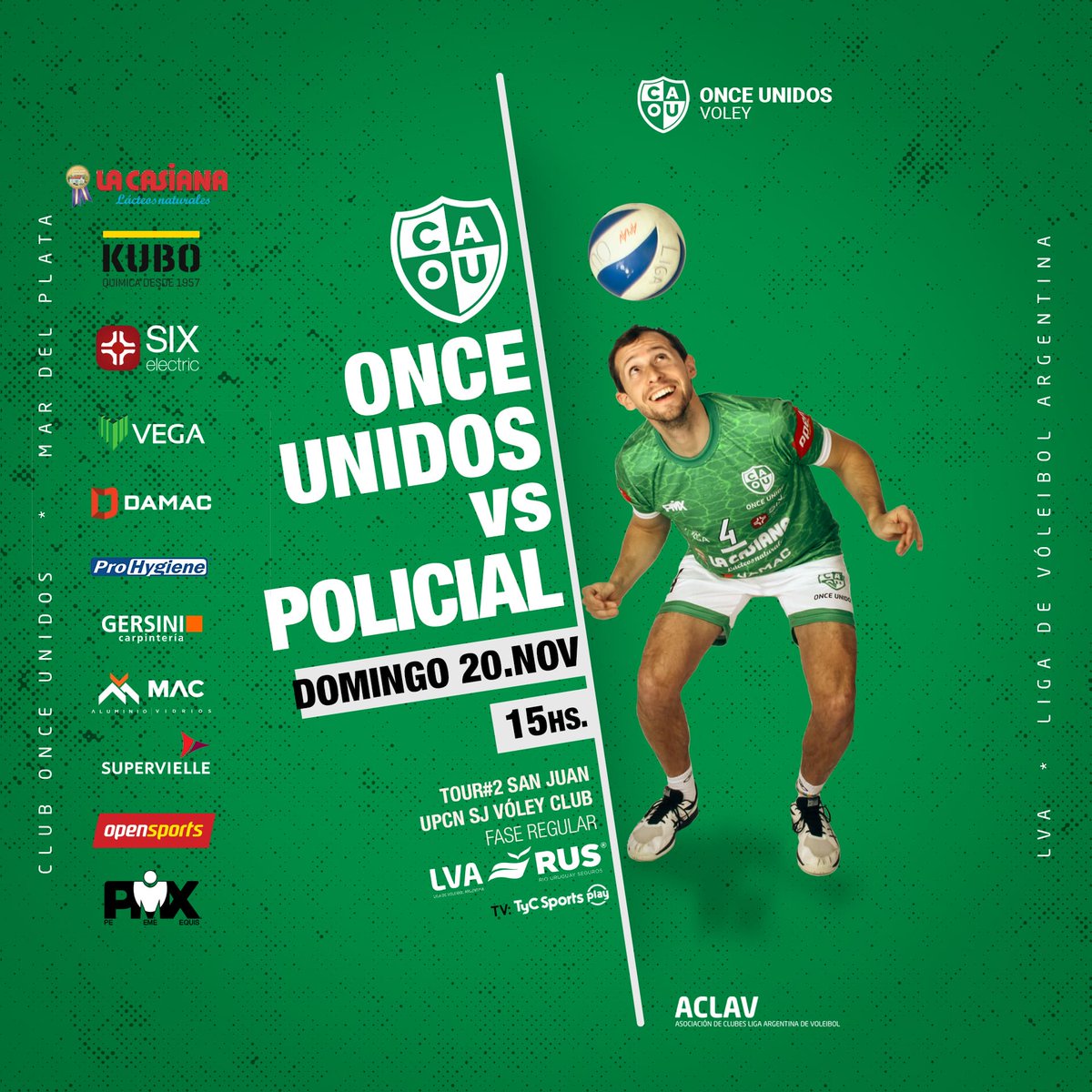 #LVARUS #Tour#2 SAN JUAN
Fase Regular
Liga de Vóleibol Argentina
Temporada 22/23💪💚🇳🇬
.
Día👇
DOM 20.NOV
Horario👇
🇳🇬 15:00hs
Lugar de juego👇
UPCN SJ Vóley Club
ONCE UNIDOS VS POLICIAL VÓLEY
.
.
<a href="/clubonceunidos/">Club Once Unidos</a>
<a href="/VoleyACLAV/">Liga de Voleibol Argentina ACLAV</a>
<a href="/DeportesMGP/">Deportes Mar del Plata</a>
<a href="/mardelplata/">Turismo Mar del Plata</a>
