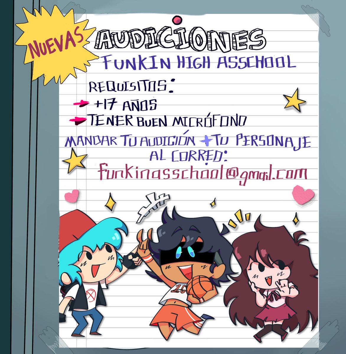 FunkinAsschool's tweet photo. 🌟Nuevas audiciones para nuevos personajes🎤

Sí quisieras participar en este proyecto manda tu audición + tu personaje al correo funkinasschool@gmail.com

(Leer el hilo para más información)

#FunkinAsschool #FNFHS #fridaynightfunkin #fnf https://t.co/qvHDS7VH66