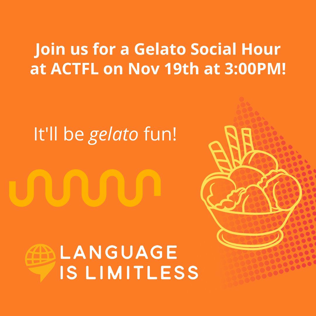 carnegielearn's tweet image. In 10 minutes!🍨 Join our Language Is Limitless social hour at #ACTFL22 with a complimentary gelato bar at 3pm.
@ACTFL #LanguageIsLimitless
