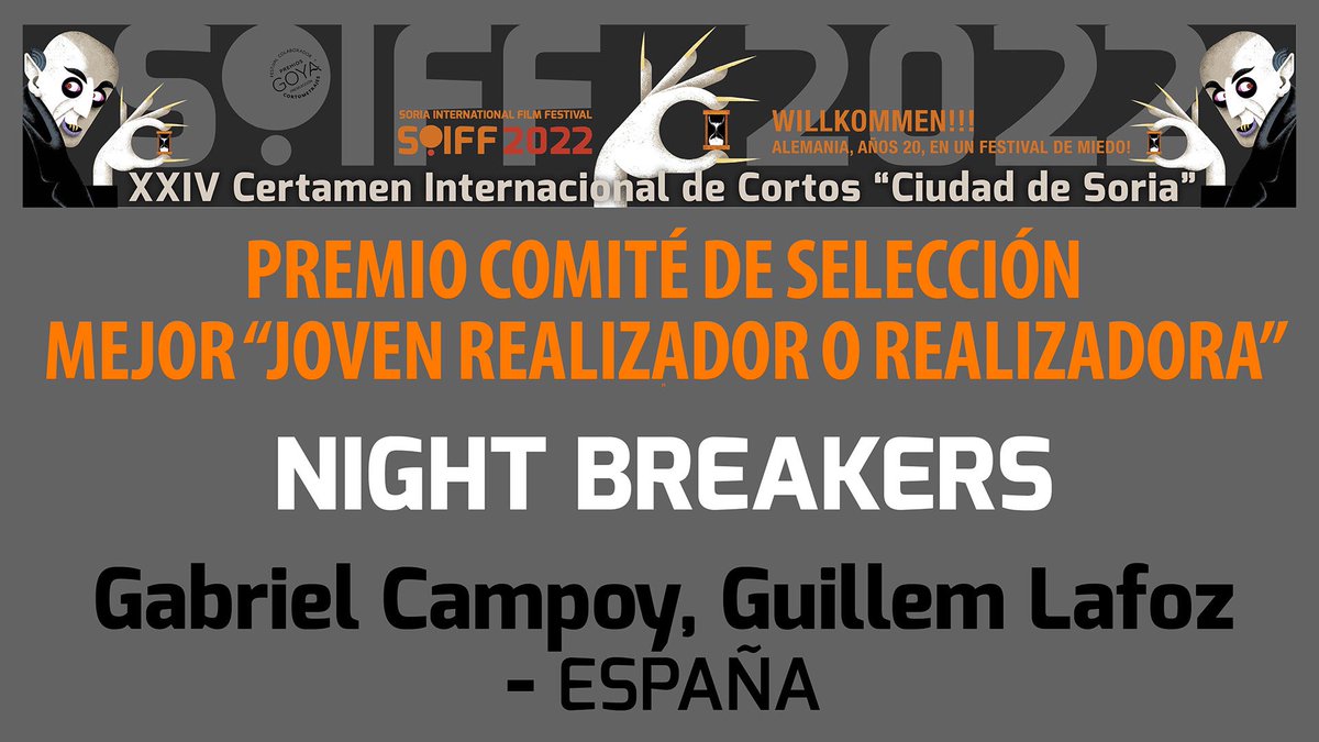cortossoria's tweet photo. 🏆 Gala de Clausura - Entrega de premios 

Premio COMITÉ DE SELECCIÓN MEJOR ‘JOVEN REALIZADOR O REALIZADORA’

🎬 Night Breakers, Gabriel Campoy &amp; Guillem Lafoz

@Ayto_Soria @cjuventudsoria 
#cortossoria22 #eligecine #EligeSoria https://t.co/4ybpIcaJuw