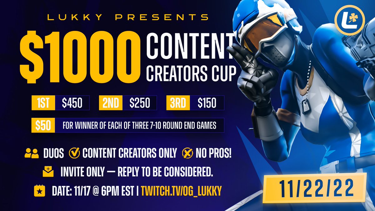 OgLukky's tweet photo. 🔥10 SPOTS REMAIN! TUESDAY @ 6PM EST 🔥
>> Reply &amp; Tag your Duo to be considered <<

Many Top Creators Expected 🥳
on: https://t.co/OtWbHCSccH

@Ken_Beans_ @AussieAntics @TheSommerset @VibinJivan @RodeyBros @Swearin_ @girlybella 
&amp; More!
#fortnite #EliteWin #FortniteChapter4 https://t.co/JSW5NuYb0r