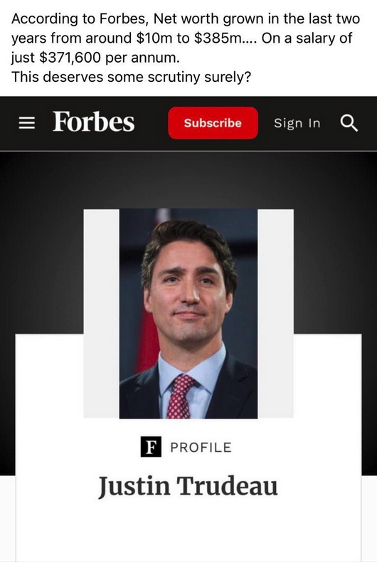 Quelegrandcric1's tweet photo. Durant les 2 dernières années la fortune de trudeau est passé de $10m à $385m... avec un salaire annuel de $371,600, comment est ce possible?
et legault? https://t.co/RBsHFAjYQB