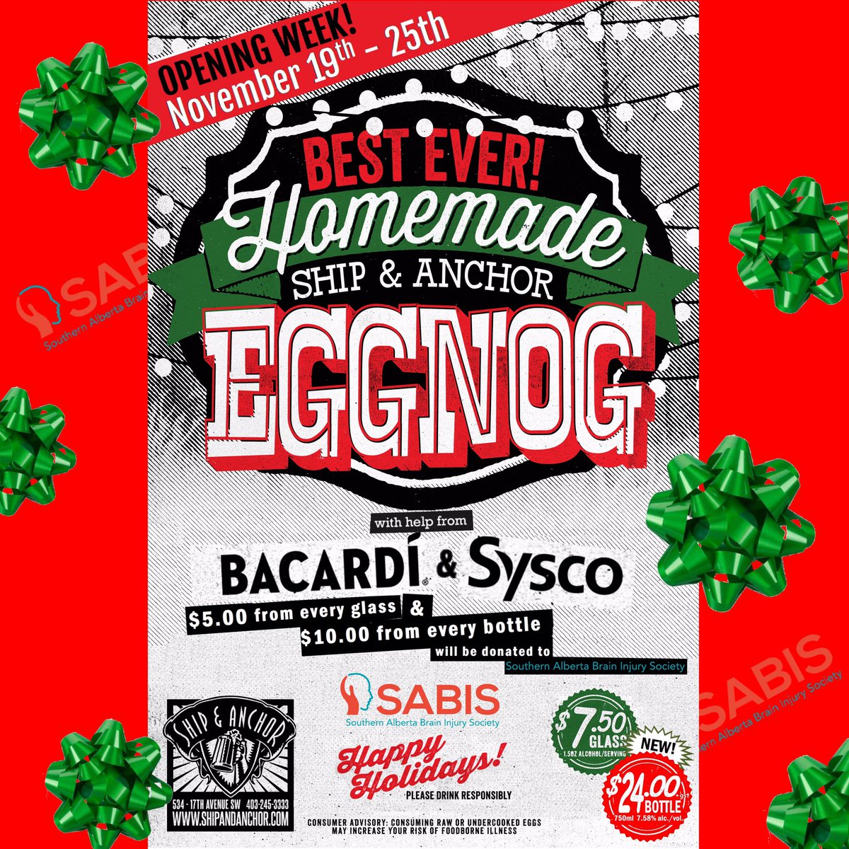 Ship_and_Anchor's tweet photo. #Shipnog is now flowing!
Spec Opening Week fundraiser for @SABISCalgary kicks off today!

6oz glasses $7.50 with $5/glass donated
*plus at starting at 4pm we will have Nog bottles ready to go!
750ml bottles $24 with $10 donated!

Let the season of #shipnog begin!!

#shipmas https://t.co/VTB24wzOsi