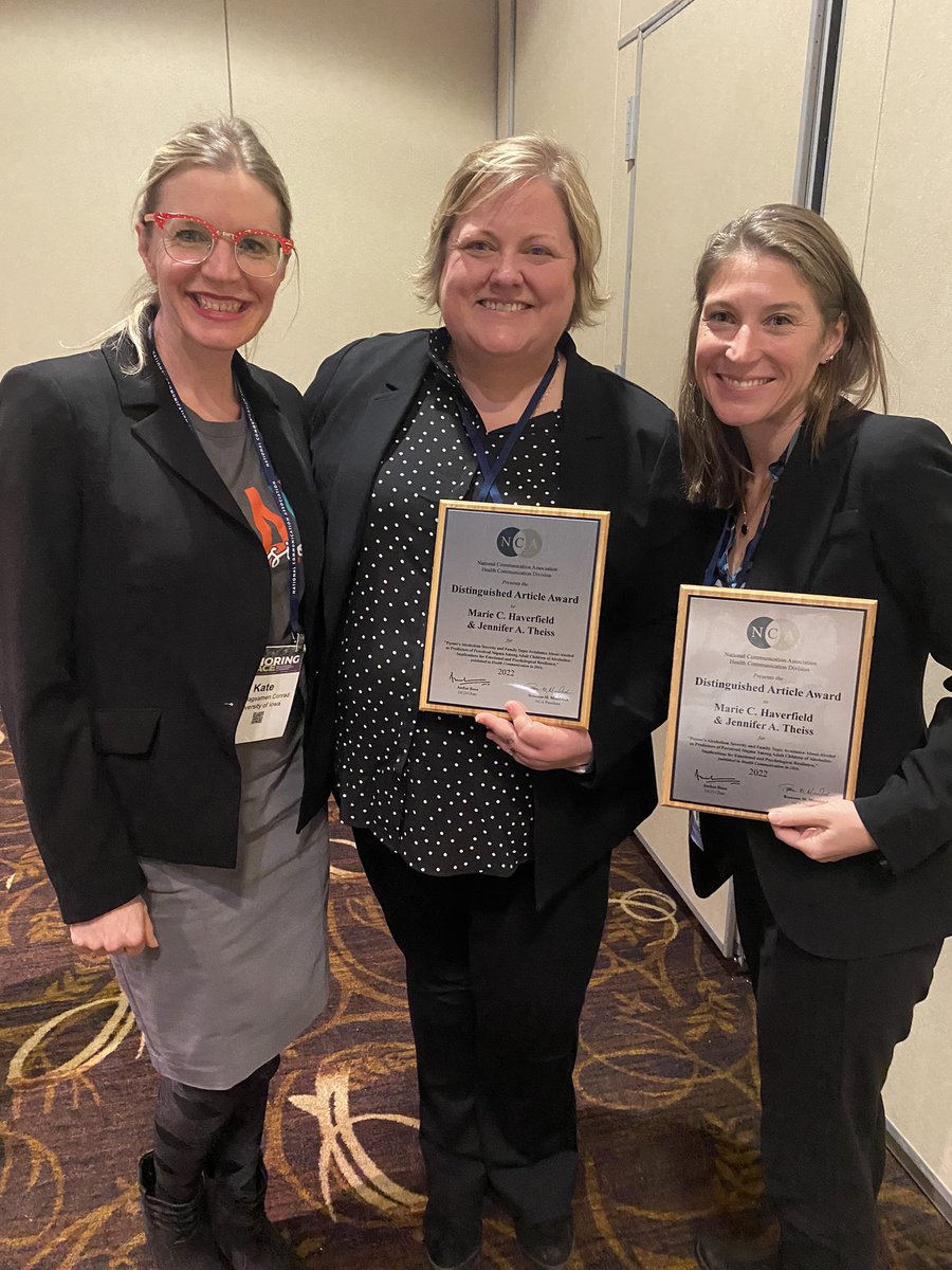 drjentheiss's tweet image. Delighted to share that Marie Haverfield (@MCTRock) and I received 2 distinguished article awards at NCA from the Health Comm &amp;amp; Family Comm divisions of NCA for our article on stigma &amp;amp; topic avoidance in families with parental alcoholism &amp;amp; their effects on children’s resilience.