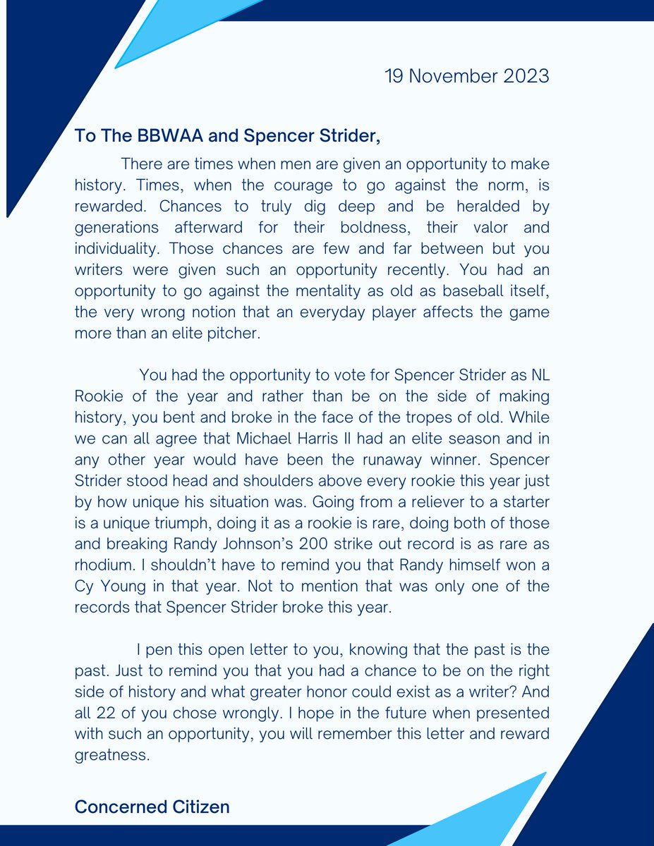 Open Letter To The BBWAA and NL Rookie Of The Year Voters.
<a href="/ByJasonFoster/">Jason Foster</a>
@Pnewberry1963
<a href="/megrowler/">Meg Rowley</a>
@GDubCub
<a href="/BigsMedia/">The Bigs Media</a>
<a href="/MattSnyderCBS/">Matt Snyder</a>
<a href="/MannyOnMLB/">Manny Randhawa</a>
@KGH23
@Jim_Alexander
<a href="/Alden_Gonzalez/">Alden González</a>