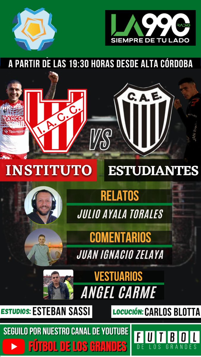 La final por el ascenso seguila en @La990Radio Splendid. Relata <a href="/JulioAT/">Julio Ayala Torales</a>, comenta <a href="/ZelayaJuani/">Juani Zelaya</a> y vestuarios de @Angelcarme98. Instituto quiere toda la gloria y Estudiantes meter un batacazo para todo Caseros !!! En Bahía sintonizá <a href="/radioaltos/">RADIO ALTOS FM 97.9</a>.