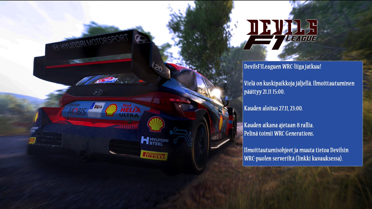 DevilsF1League1's tweet photo. Uusi WRC: Generations-peli on julkaistu ja myös DevilsF1League:lta löytyy oma WRC-sarja, jossa on nyt ilmottautuminen auki!

Ilmottautua voi täältä (https://t.co/U2UuOpSs7J) https://t.co/HnAvwiB5Gf