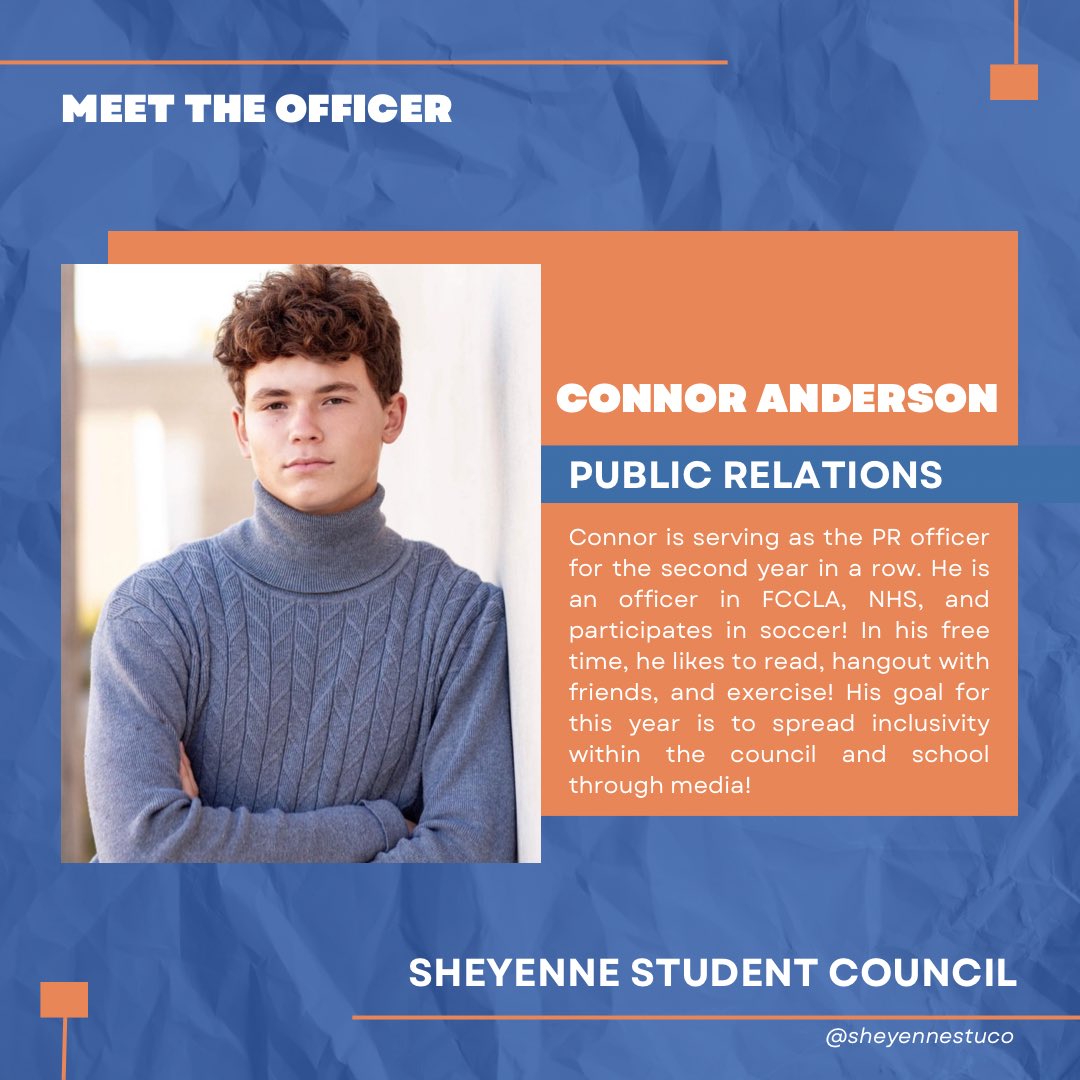 Introducing next… our officer team! 
•
Olivia Schempp (State StuCo Representative)
Fatouma Dileita (Secretary)
Connor Anderson (Public Relations)
•
<a href="/OliviaSchempp/">Olivia Schempp</a> 
<a href="/connorxandy/">Connor Anderson</a> 
<a href="/wfsheyenne/">Sheyenne High School</a> 
<a href="/WFMustangAD/">SHS Activities</a> 
<a href="/WFPSchools/">West Fargo Public Schools</a>