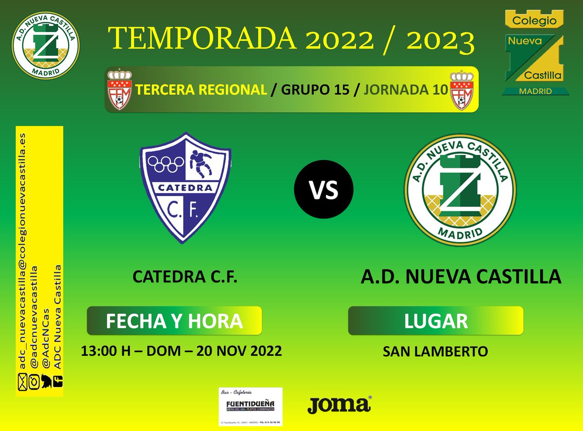 Décima Jornada para nuestro equipo Aficionado 💪🏼⚽
Partido complicado fuera de casa pero con ganas e ilusión 💪🏼⚽
#ADNuevaCastilla💛💚