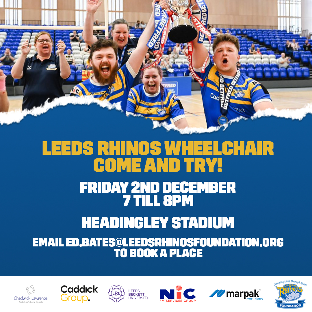 Have you been inspired by the amazing Leeds Rhinos Wheelchair team and @RLWC2021 winners <a href="/England_RL/">England Rugby League</a>?

If you would like to give Wheelchair rugby a go, come along to one of our 'Come and Try' sessions later this year.
Register➡️leedsrhinosfoundation.org/rhinos-coach-j…