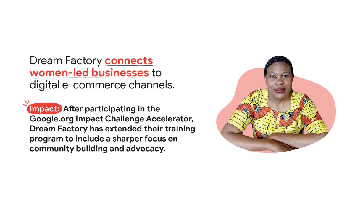 Googleorg's tweet image. This #WomensEntrepreneurshipDay, we&apos;re sharing some of our grantees from the #GoogleOrgImpactChallenge for Women &amp;amp; Girls who are united in lifting women-owned businesses. Since our support, see the progress these orgs have made ⬇️. More on each project ➡️ goo.gle/3qOpPDO