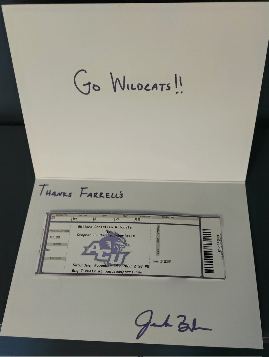 Got the tickets ready, about to watch the ACU wildcats beat SFA for the WAC 🏆!!! Thanks @Coach_Badon and <a href="/ACUFootball/">ACU Football</a>. Go Cats.